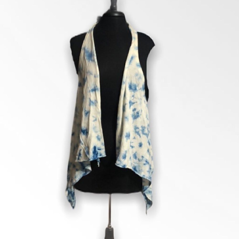 VS Moda International Blue Tie Dye Open Front Waterfall Sleeveless Vest Sz M